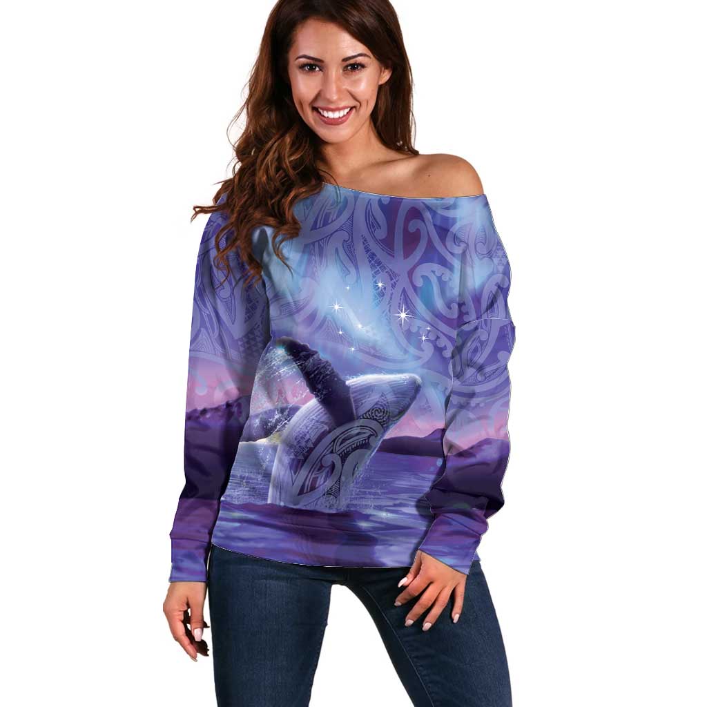 New Zealand Matariki Humpback Whale Off Shoulder Sweater Paikea Maori New Year Purple Galaxy LT14 Women Purple - Polynesian Pride