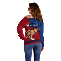 Personalised Father Day Samoa Off Shoulder Sweater Manuia le Aso Sa o Tama Red Version LT14 - Polynesian Pride