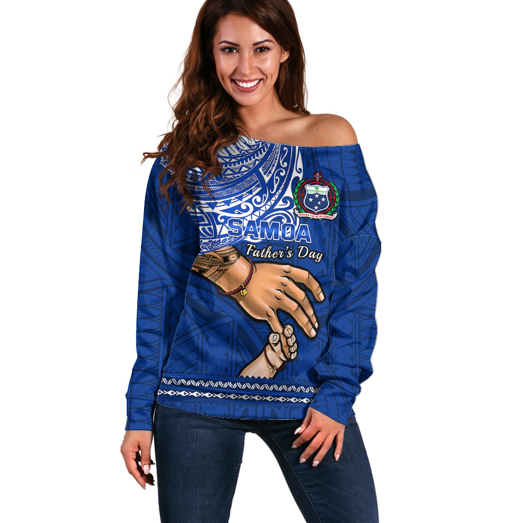 Polynesian Pride Father Day Samoa Off Shoulder Sweater Manuia le Aso Sa o Tama Blue Version LT14 Women Blue - Polynesian Pride