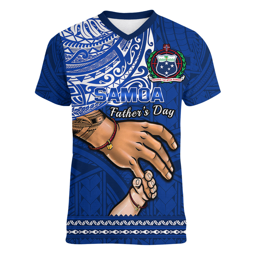 Personalised Father Day Samoa Women V Neck T Shirt Manuia le Aso Sa o Tama Blue Version LT14 Female Blue - Polynesian Pride