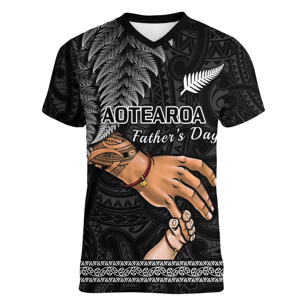 Polynesian Pride Father Day New Zealand Women V Neck T Shirt Aotearoa Maori Fern I Love You Dad LT14 Female Black - Polynesian Pride