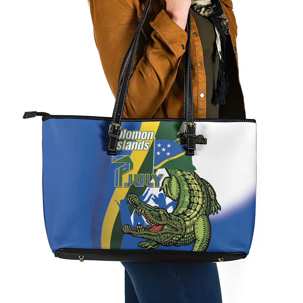 Solomon Islands Independence Day Leather Tote Bag Happy 7 July Crocodile Flag Style LT14 - Polynesian Pride