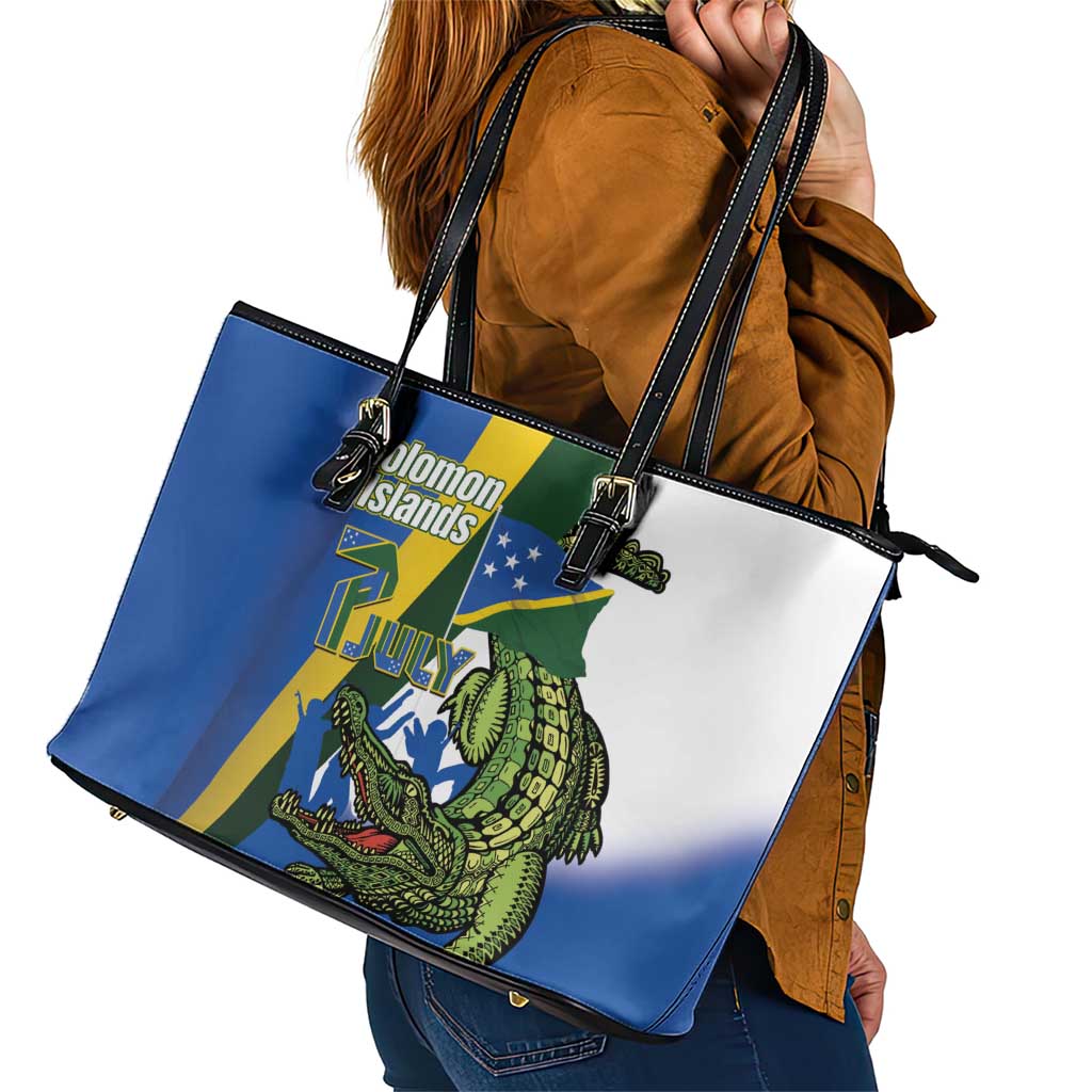 Solomon Islands Independence Day Leather Tote Bag Happy 7 July Crocodile Flag Style LT14 - Polynesian Pride