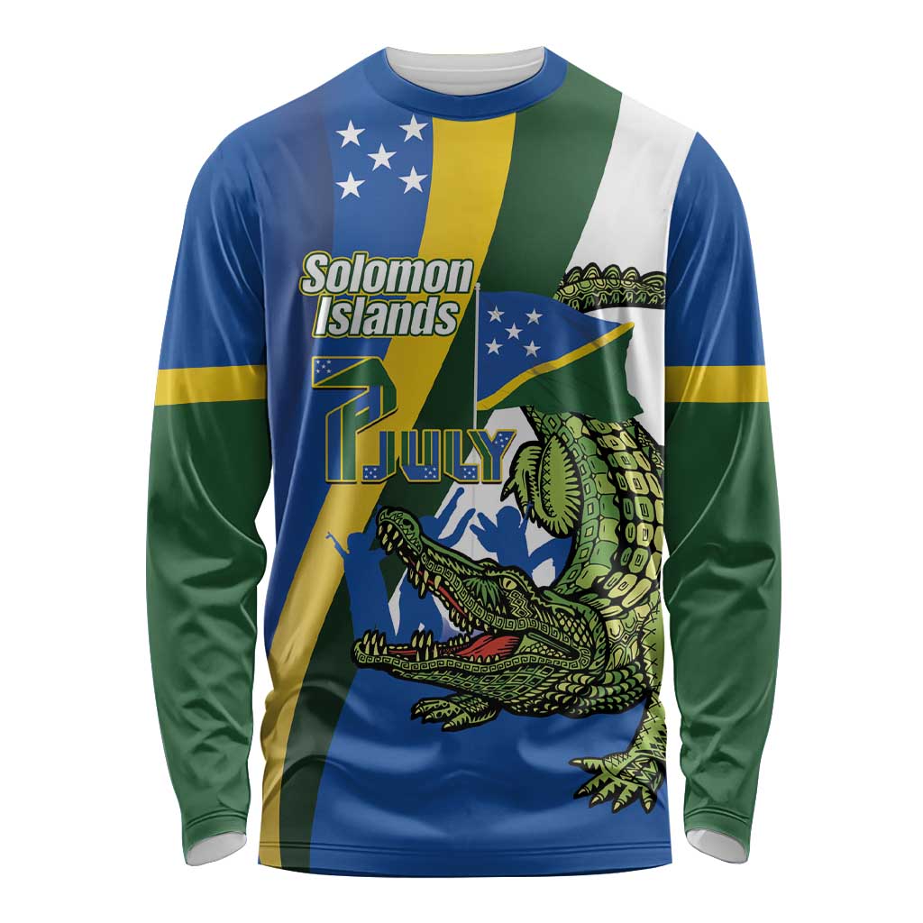 Solomon Islands Independence Day Long Sleeve Shirt Happy 7 July Crocodile Flag Style LT14 Unisex Blue - Polynesian Pride