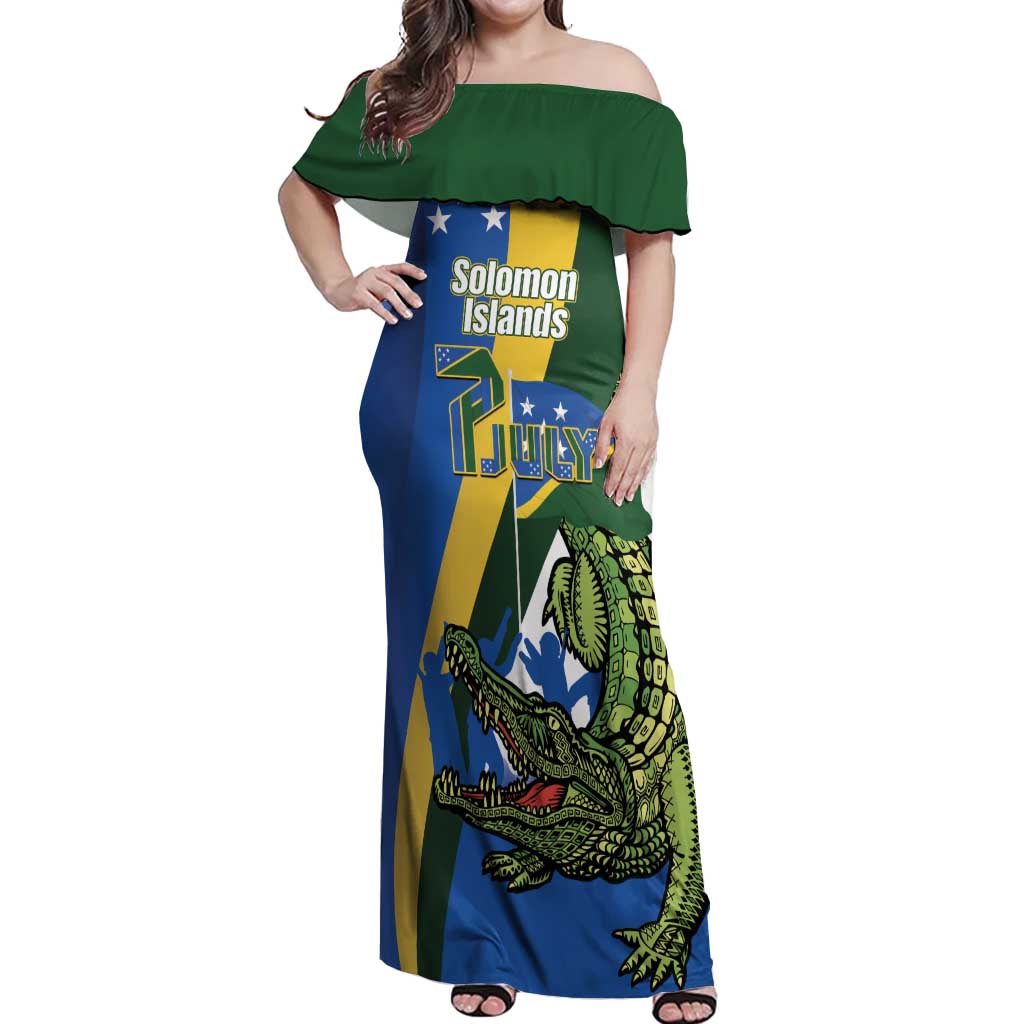 Solomon Islands Independence Day Off Shoulder Maxi Dress Happy 7 July Crocodile Flag Style LT14 Women Blue - Polynesian Pride
