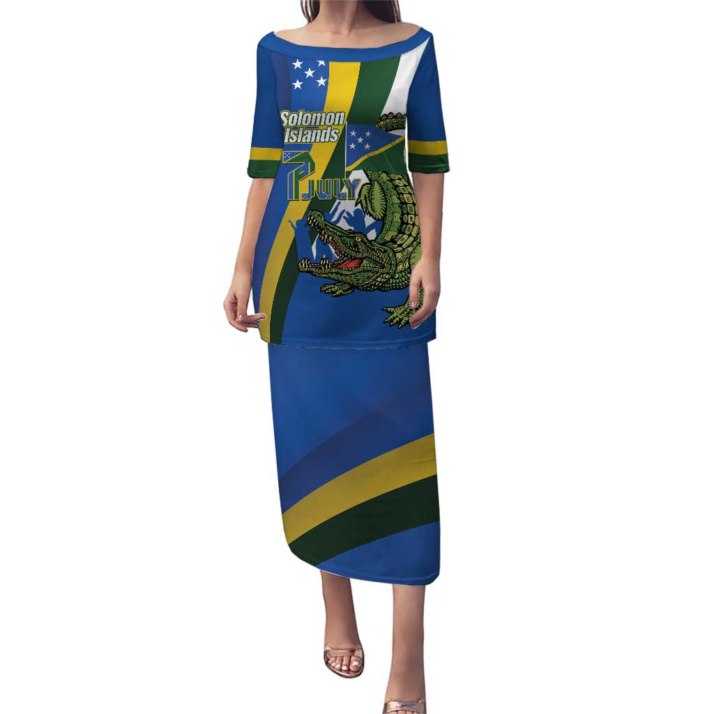 Solomon Islands Independence Day Puletasi Happy 7 July Crocodile Flag Style LT14 Long Dress Blue - Polynesian Pride