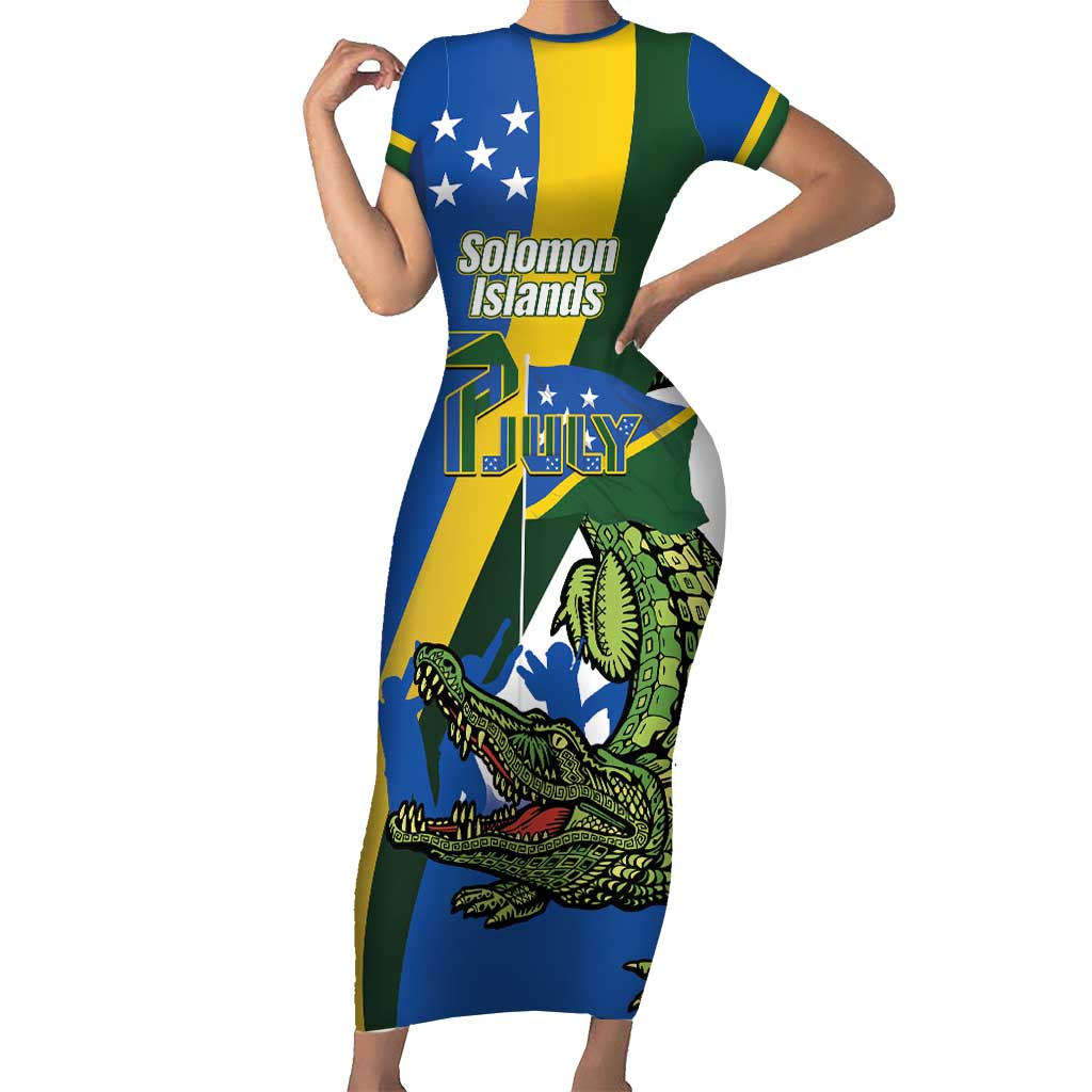 Solomon Islands Independence Day Short Sleeve Bodycon Dress Happy 7 July Crocodile Flag Style LT14 Long Dress Blue - Polynesian Pride