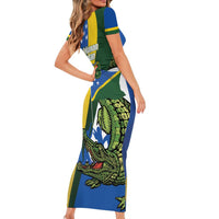 Solomon Islands Independence Day Short Sleeve Bodycon Dress Happy 7 July Crocodile Flag Style LT14 - Polynesian Pride
