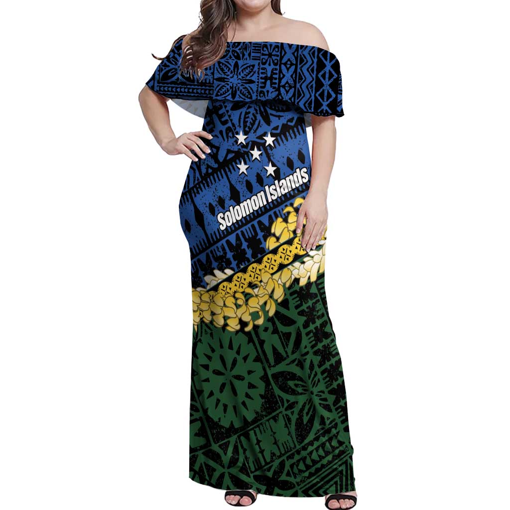Halo Olaketa Solomon Islands Tapa Pattern Off Shoulder Maxi Dress LT14 Women Blue - Polynesian Pride