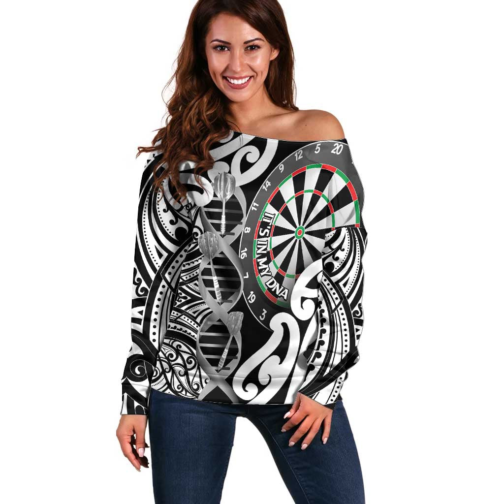 Personalised New Zealand Darts Off Shoulder Sweater Aotearoa Maori Its In My DNA Black LT14 Women Black - Polynesian Pride