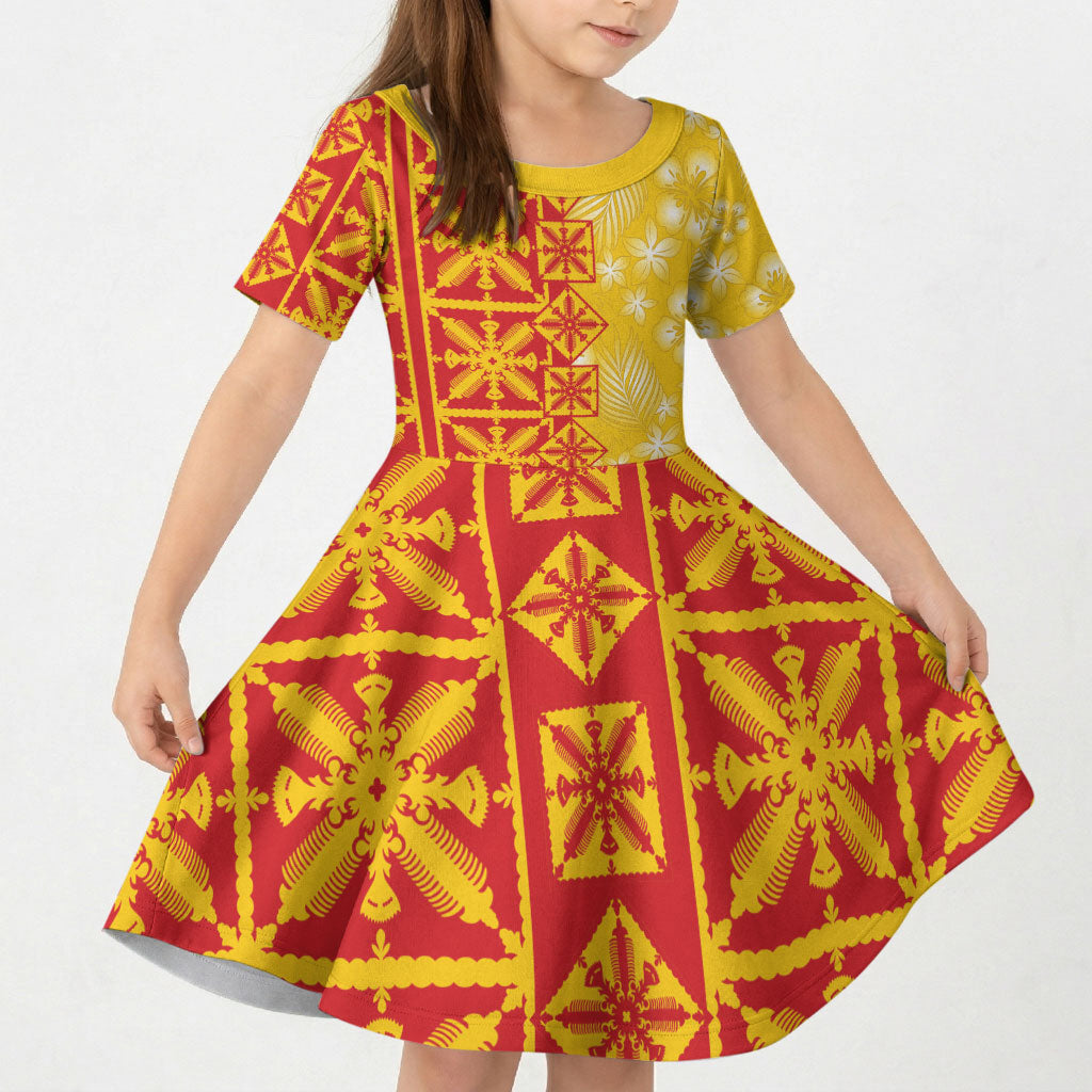 Kahili Quilt Hawaii Kid Short Sleeve Dress Tropical Flower Seamless Half Style LT14 KID Yellow - Polynesian Pride