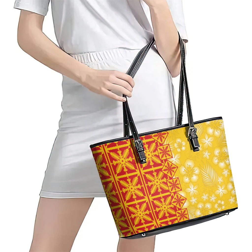 Kahili Quilt Hawaii Leather Tote Bag Tropical Flower Seamless Half Style LT14 - Polynesian Pride