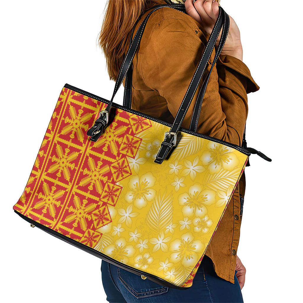 Kahili Quilt Hawaii Leather Tote Bag Tropical Flower Seamless Half Style LT14 - Polynesian Pride