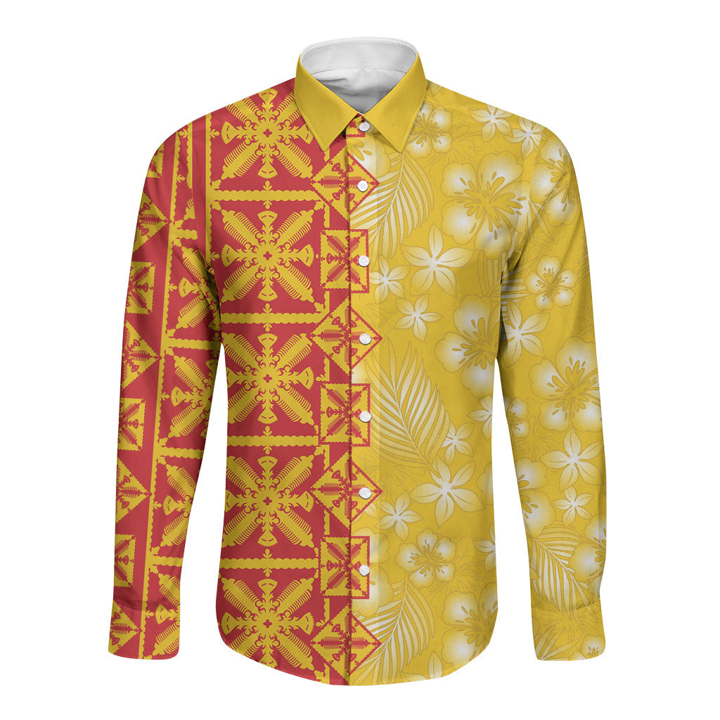 Kahili Quilt Hawaii Long Sleeve Button Shirt Tropical Flower Seamless Half Style LT14 Unisex Yellow - Polynesian Pride
