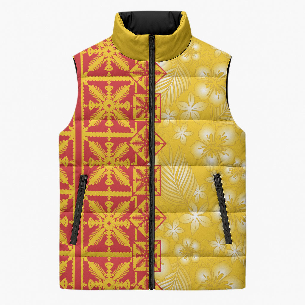 Kahili Quilt Hawaii Sleeveless Puffer Jacket Tropical Flower Seamless Half Style LT14 Unisex Yellow - Polynesian Pride