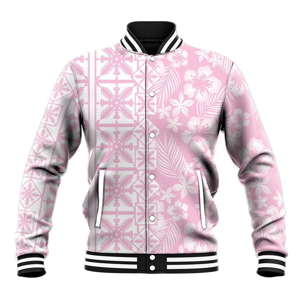 Pastel Pink Kahili Quilt Hawaii Baseball Jacket Tropical Flower Seamless Half Style LT14 Unisex Pink - Polynesian Pride