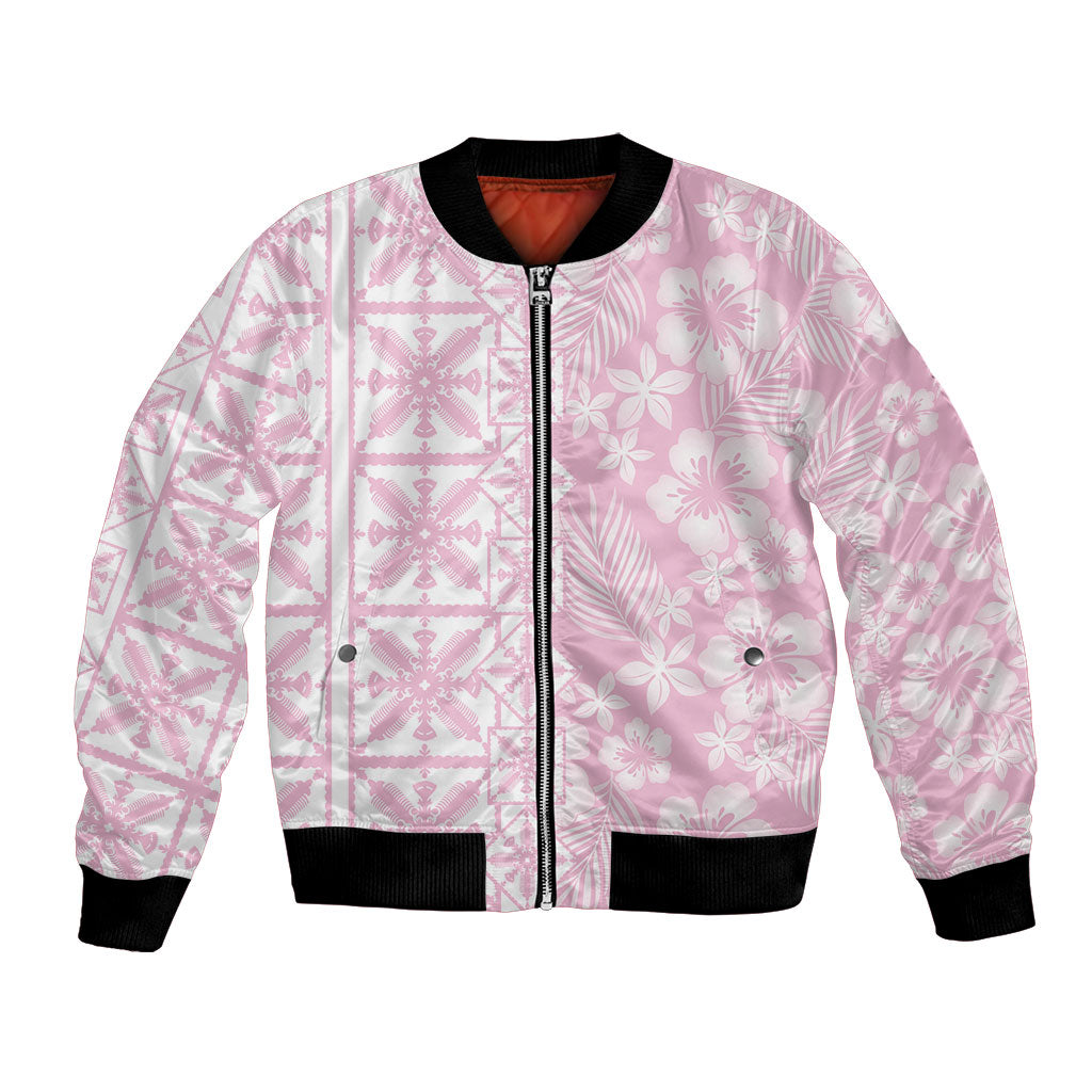 Pastel Pink Kahili Quilt Hawaii Bomber Jacket Tropical Flower Seamless Half Style LT14 Unisex Pink - Polynesian Pride