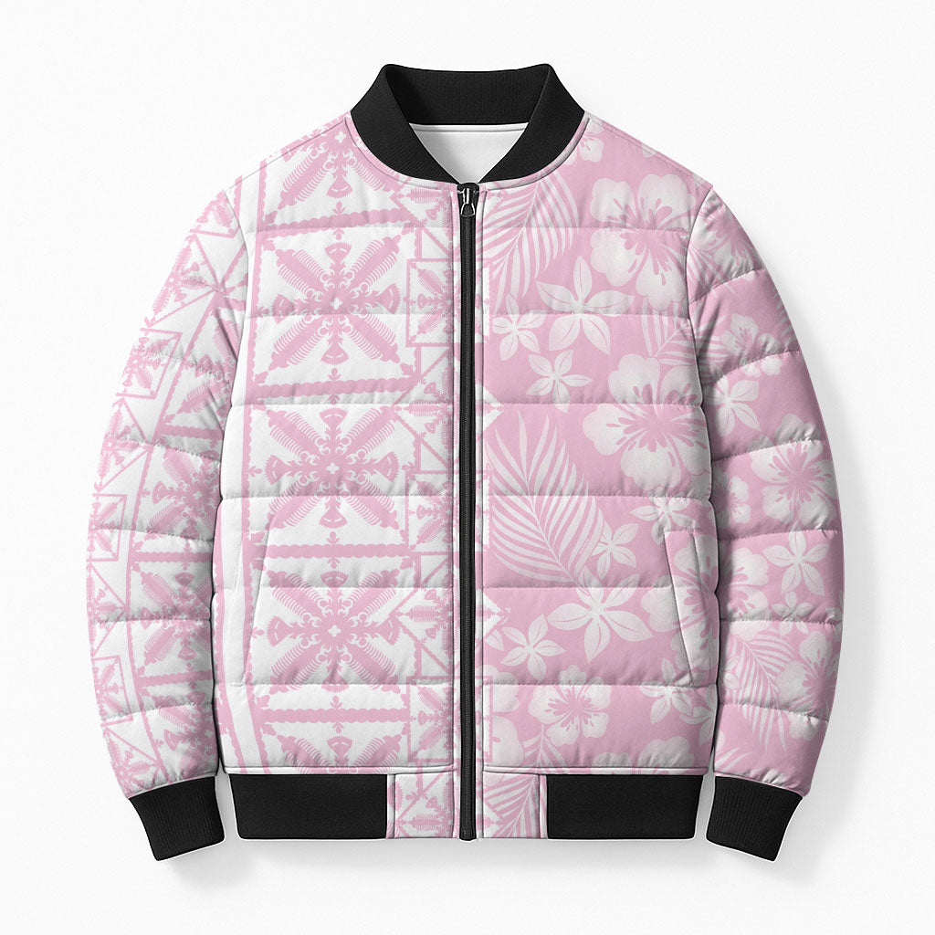 Pastel Pink Kahili Quilt Hawaii Bomber Puffer Jacket Tropical Flower Seamless Half Style LT14 Unisex Pink - Polynesian Pride