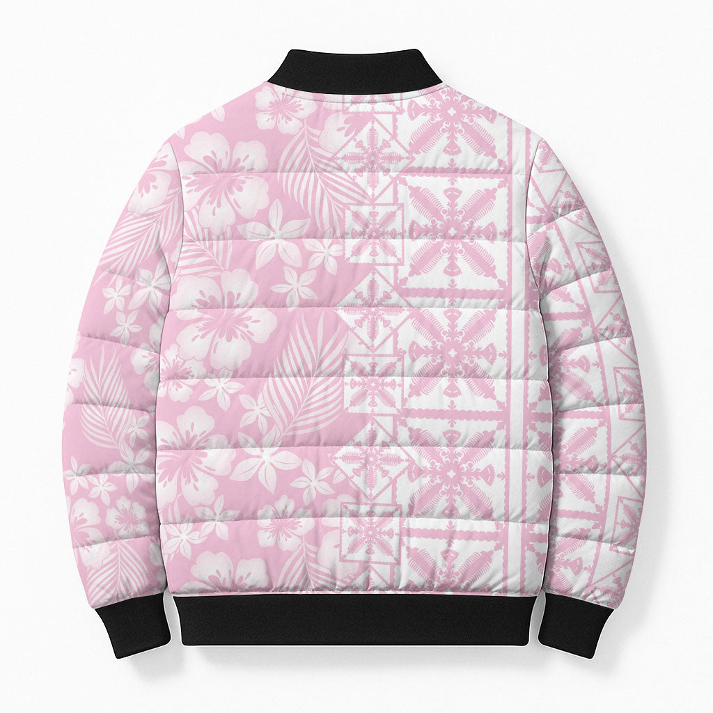 Pastel Pink Kahili Quilt Hawaii Bomber Puffer Jacket Tropical Flower Seamless Half Style LT14 - Polynesian Pride
