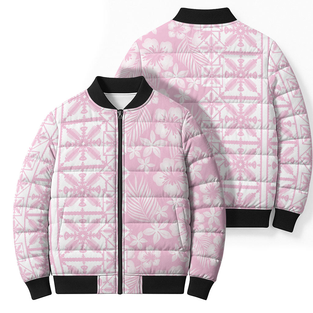 Pastel Pink Kahili Quilt Hawaii Bomber Puffer Jacket Tropical Flower Seamless Half Style LT14 - Polynesian Pride