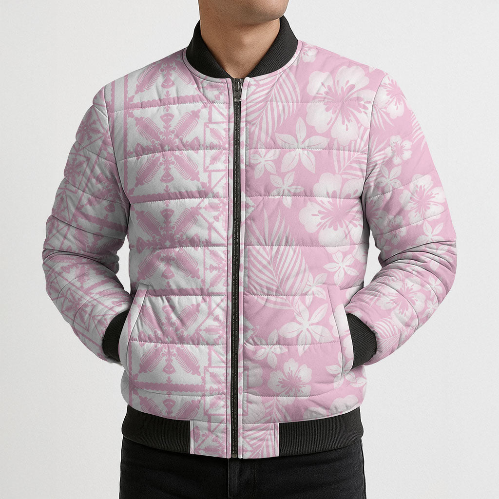 Pastel Pink Kahili Quilt Hawaii Bomber Puffer Jacket Tropical Flower Seamless Half Style LT14 - Polynesian Pride