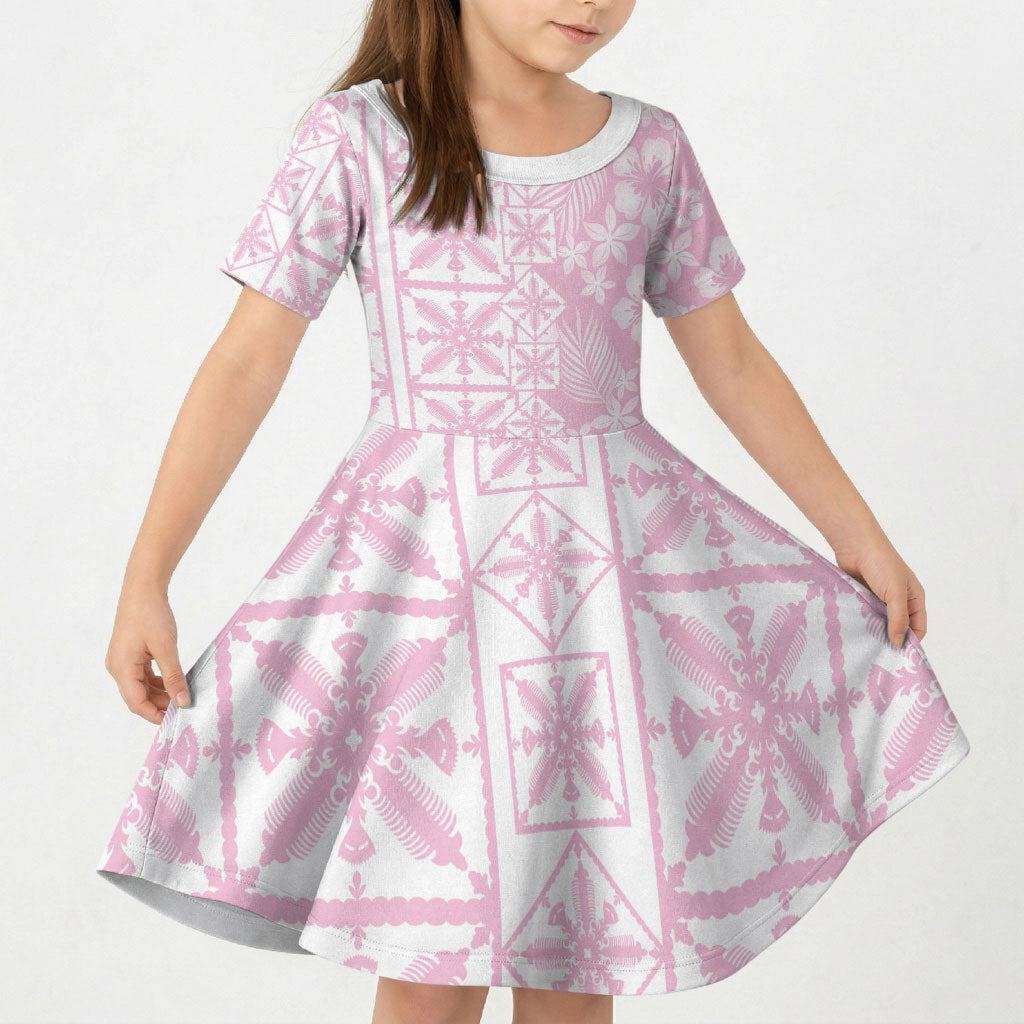 Pastel Pink Kahili Quilt Hawaii Kid Short Sleeve Dress Tropical Flower Seamless Half Style LT14 KID Pink - Polynesian Pride