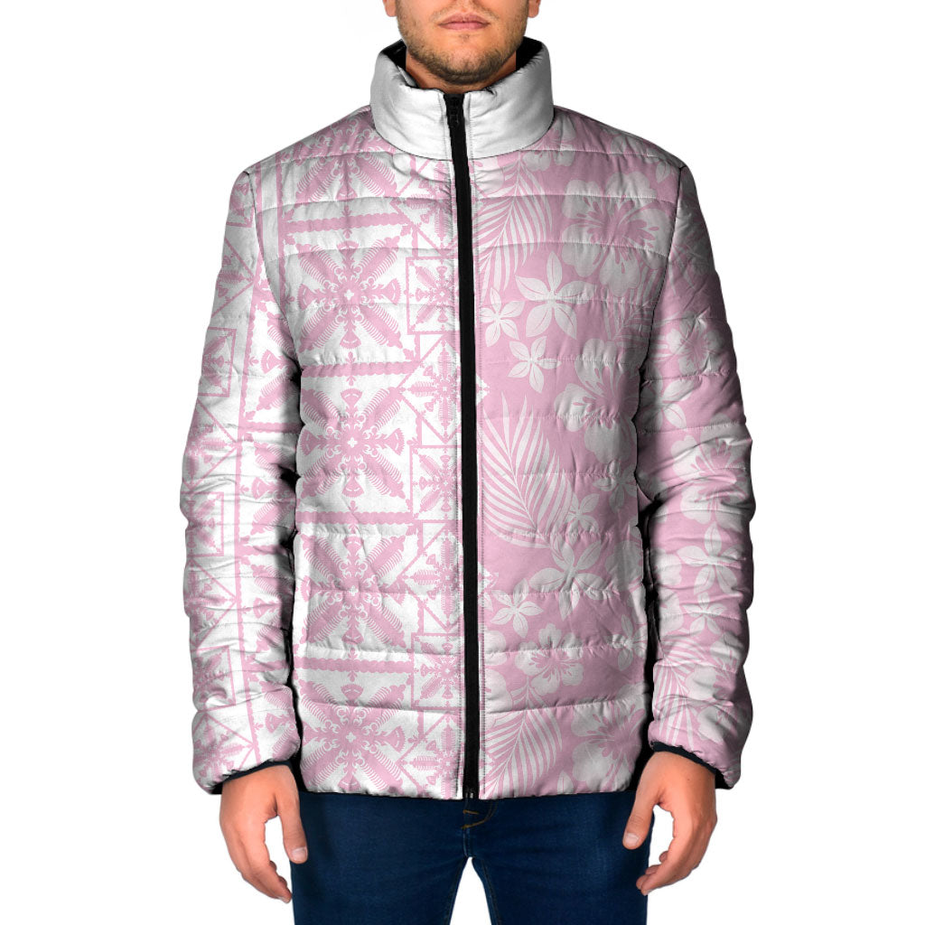 Pastel Pink Kahili Quilt Hawaii Padded Jacket Tropical Flower Seamless Half Style LT14 Men Pink - Polynesian Pride