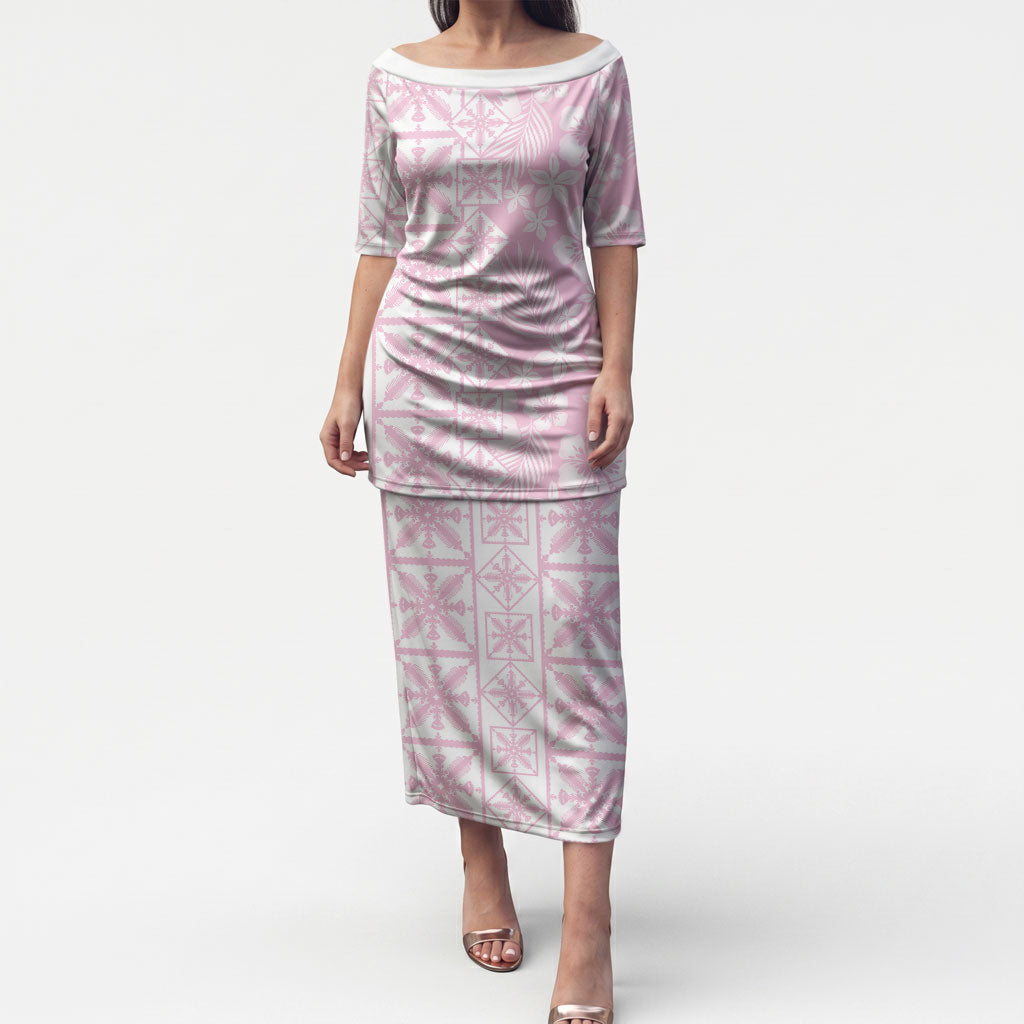 Pastel Pink Kahili Quilt Hawaii Puletasi Tropical Flower Seamless Half Style LT14 Long Dress Pink - Polynesian Pride