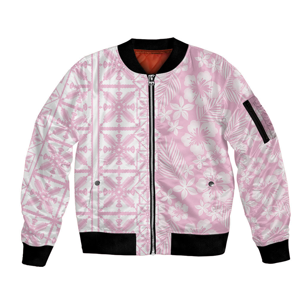 Pastel Pink Kahili Quilt Hawaii Sleeve Zip Bomber Jacket Tropical Flower Seamless Half Style LT14 Unisex Pink - Polynesian Pride