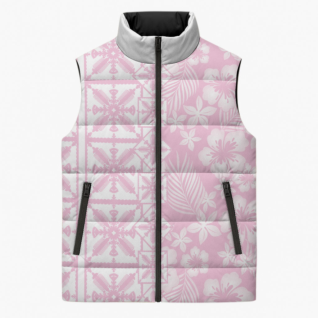 Pastel Pink Kahili Quilt Hawaii Sleeveless Puffer Jacket Tropical Flower Seamless Half Style LT14 Unisex Pink - Polynesian Pride