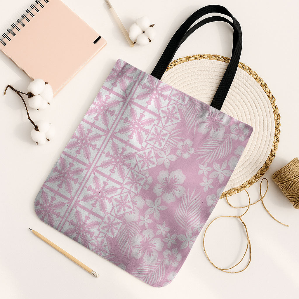 Pastel Pink Kahili Quilt Hawaii Tote Bag Tropical Flower Seamless Half Style LT14 Black Strap One Size Pink - Polynesian Pride