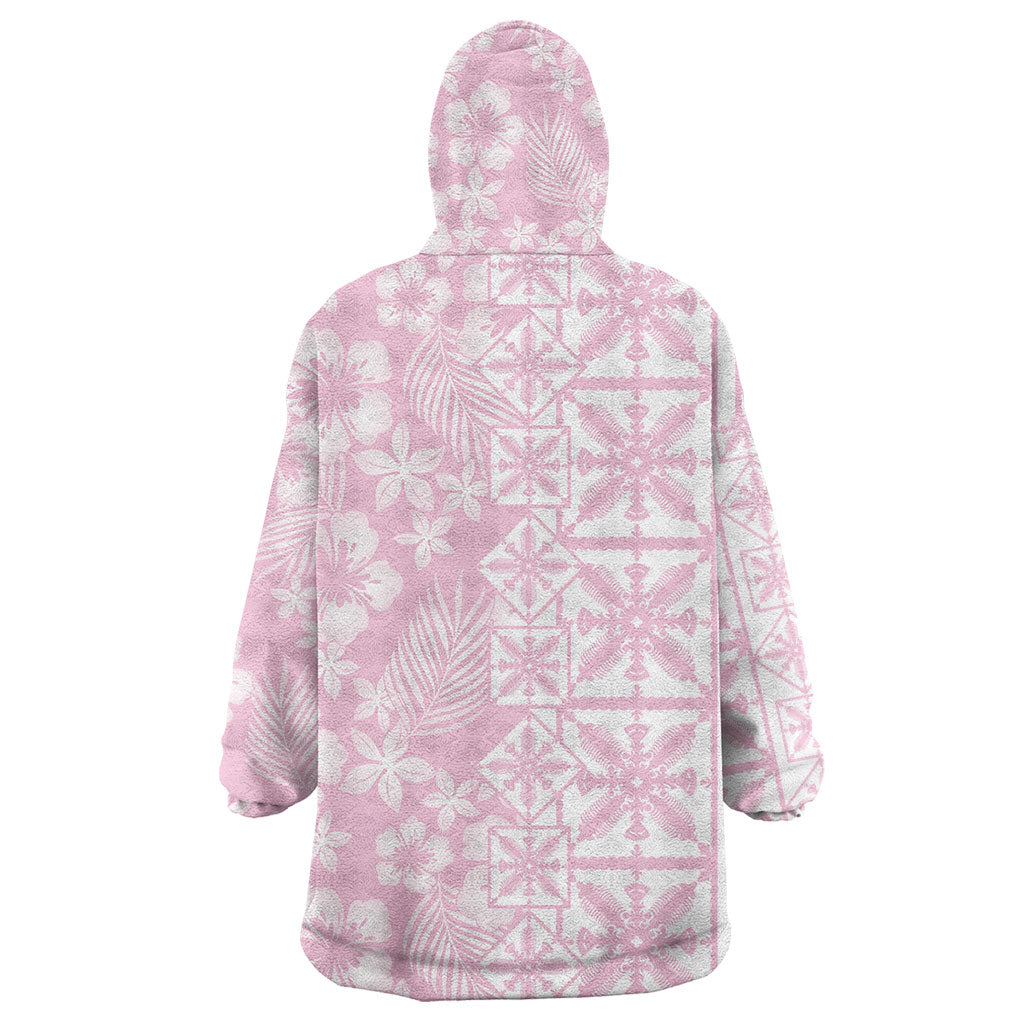 Pastel Pink Kahili Quilt Hawaii Wearable Blanket Hoodie Tropical Flower Seamless Half Style LT14 - Polynesian Pride