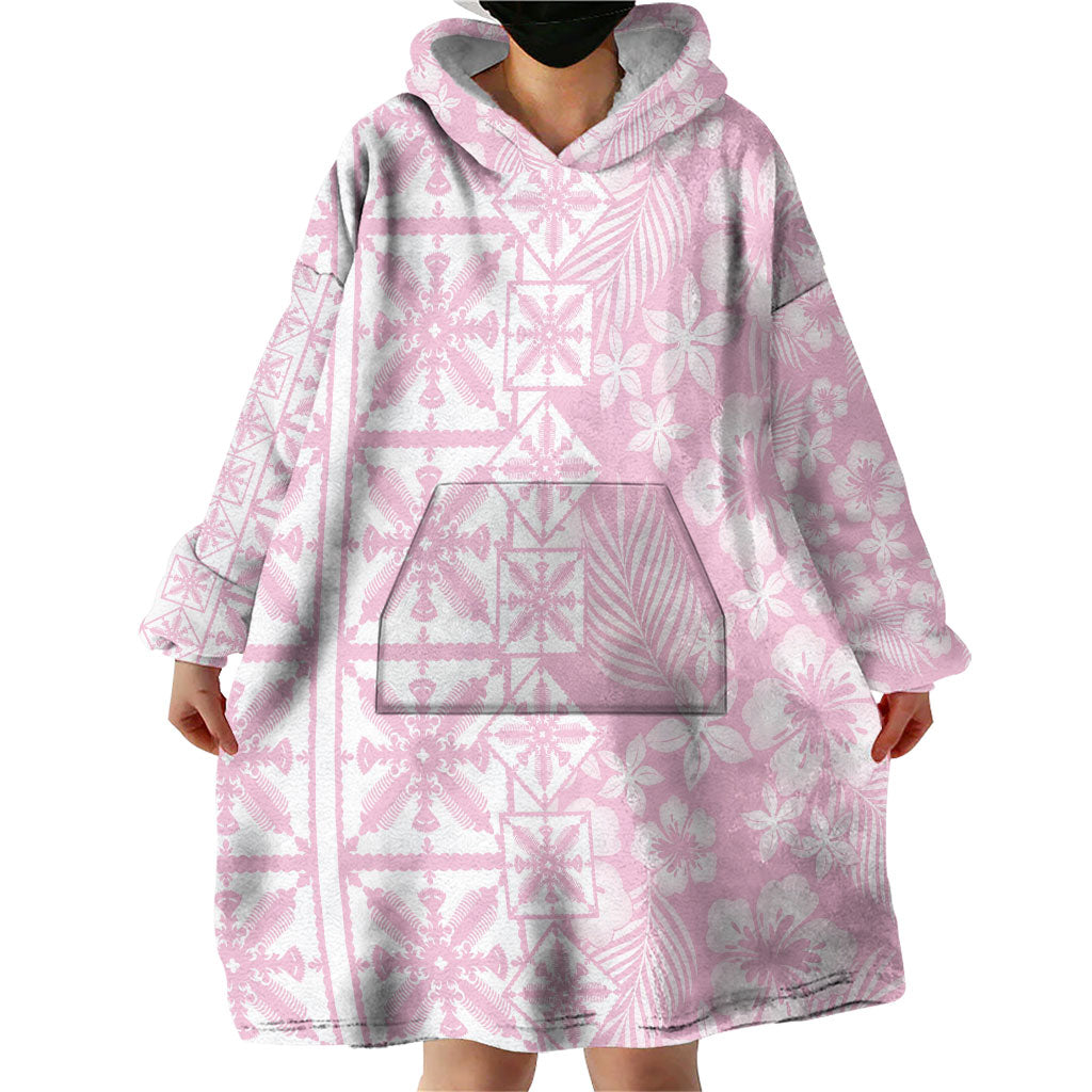 Pastel Pink Kahili Quilt Hawaii Wearable Blanket Hoodie Tropical Flower Seamless Half Style LT14 - Polynesian Pride