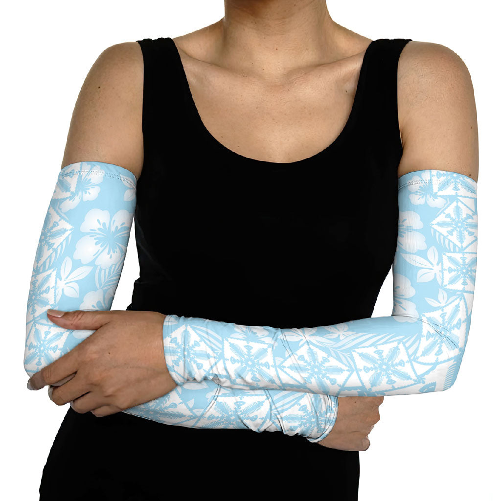 Pastel Blue Kahili Quilt Hawaii Arm Sleeves Tropical Flower Seamless Half Style LT14 - Polynesian Pride