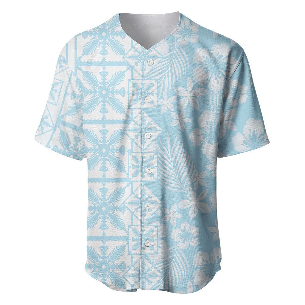 Pastel Blue Kahili Quilt Hawaii Baseball Jersey Tropical Flower Seamless Half Style LT14 Blue - Polynesian Pride