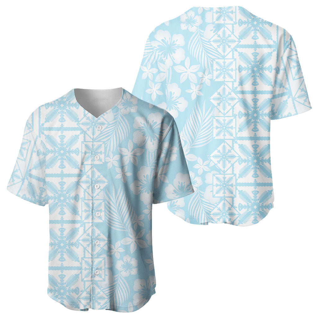 Pastel Blue Kahili Quilt Hawaii Baseball Jersey Tropical Flower Seamless Half Style LT14 - Polynesian Pride