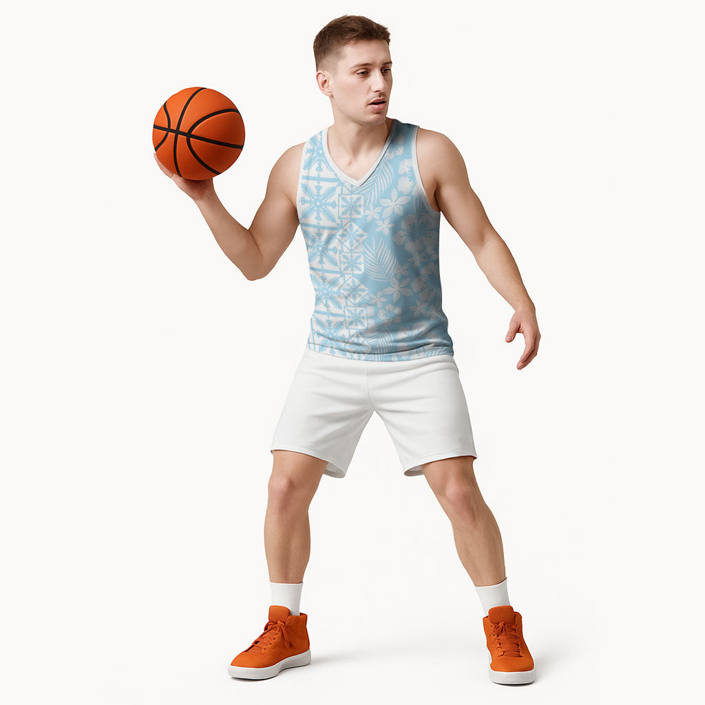 Pastel Blue Kahili Quilt Hawaii Basketball Jersey Tropical Flower Seamless Half Style LT14 - Polynesian Pride