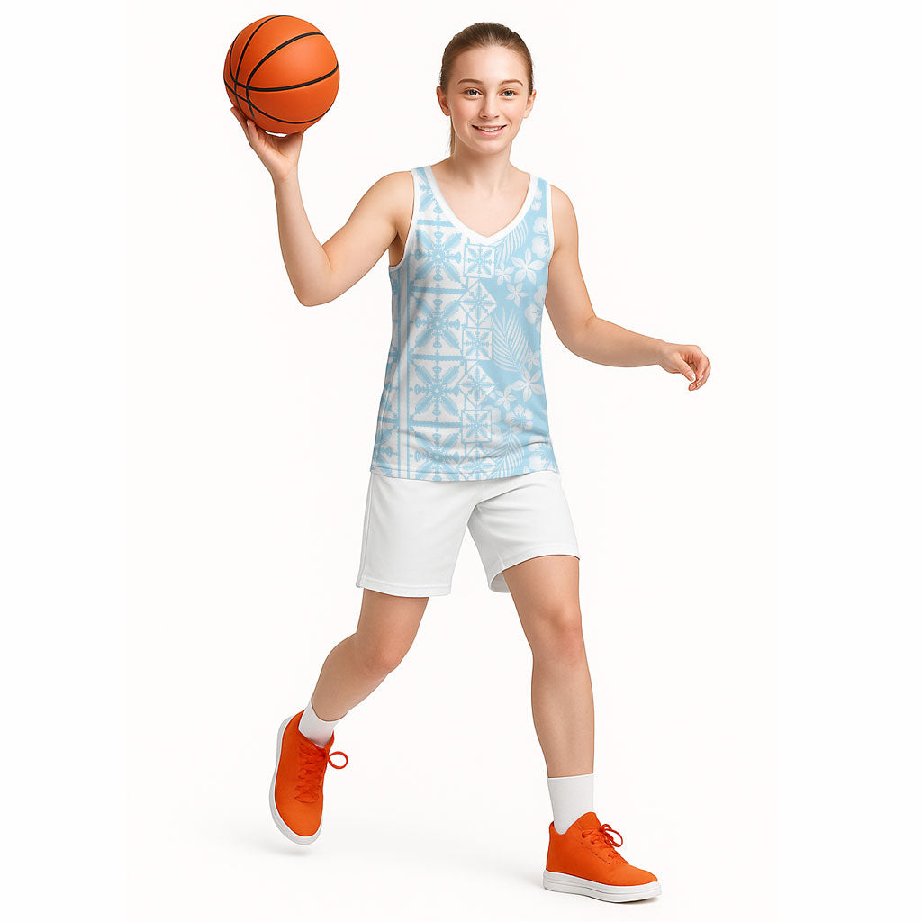 Pastel Blue Kahili Quilt Hawaii Basketball Jersey Tropical Flower Seamless Half Style LT14 - Polynesian Pride