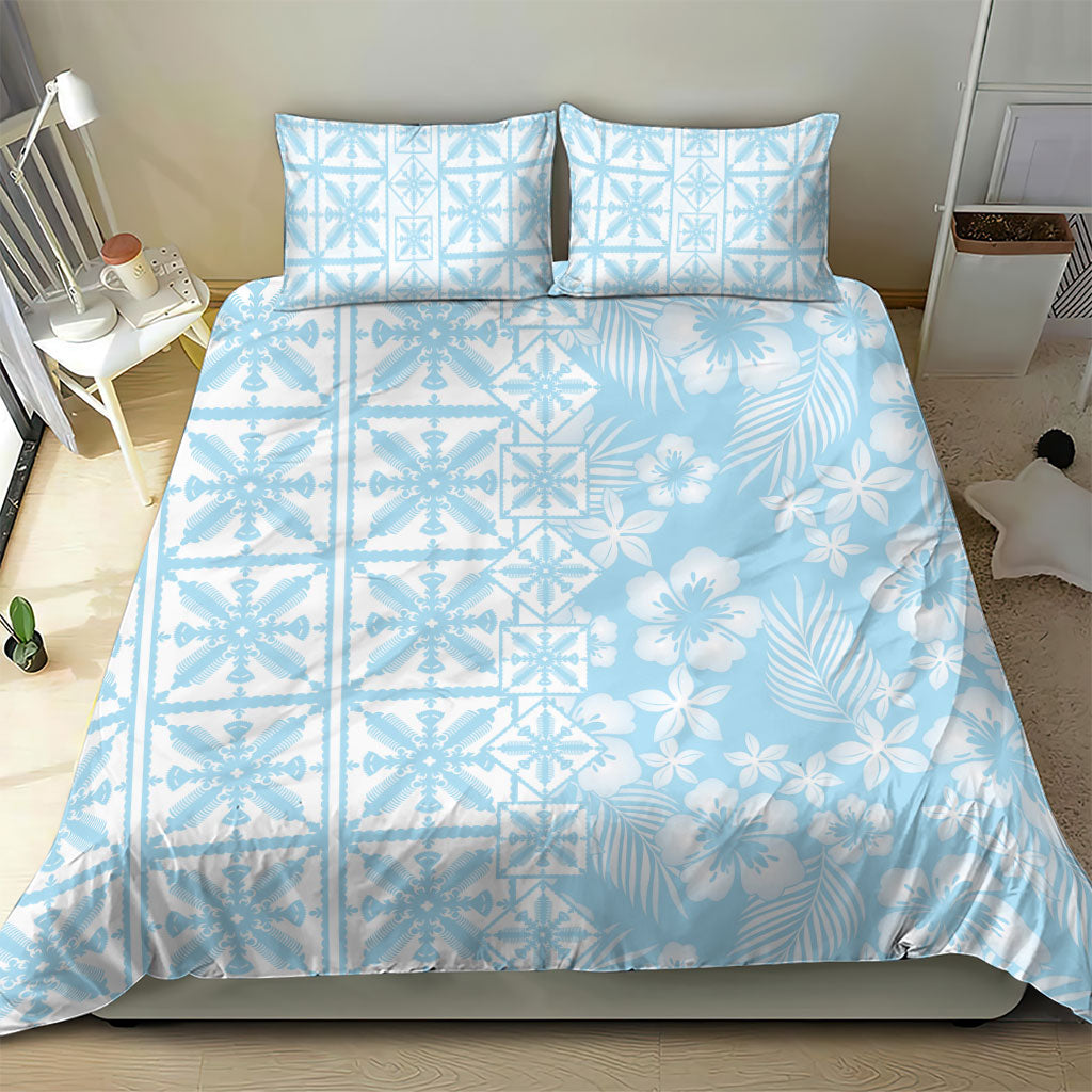 Pastel Blue Kahili Quilt Hawaii Bedding Set Tropical Flower Seamless Half Style LT14 - Polynesian Pride