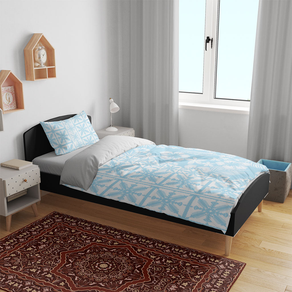 Pastel Blue Kahili Quilt Hawaii Bedding Set Tropical Flower Seamless Half Style LT14 - Polynesian Pride