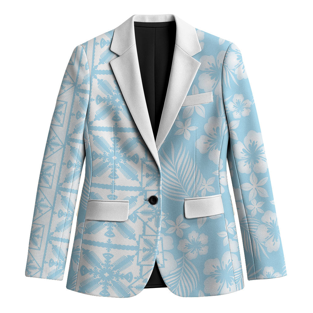 Pastel Blue Kahili Quilt Hawaii Blazer Tropical Flower Seamless Half Style LT14 Unisex Blue - Polynesian Pride