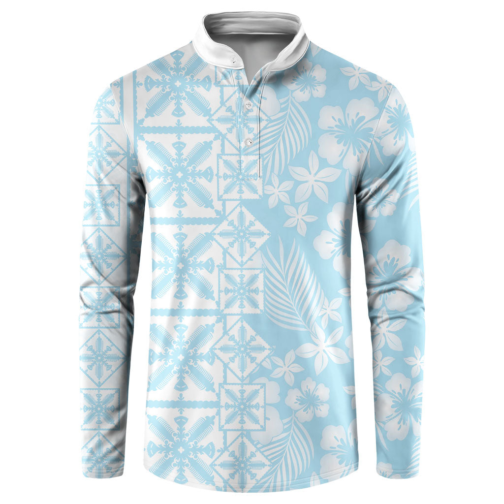 Pastel Blue Kahili Quilt Hawaii Button Sweatshirt Tropical Flower Seamless Half Style LT14 Blue - Polynesian Pride
