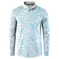Pastel Blue Kahili Quilt Hawaii Button Sweatshirt Tropical Flower Seamless Half Style LT14 Blue - Polynesian Pride