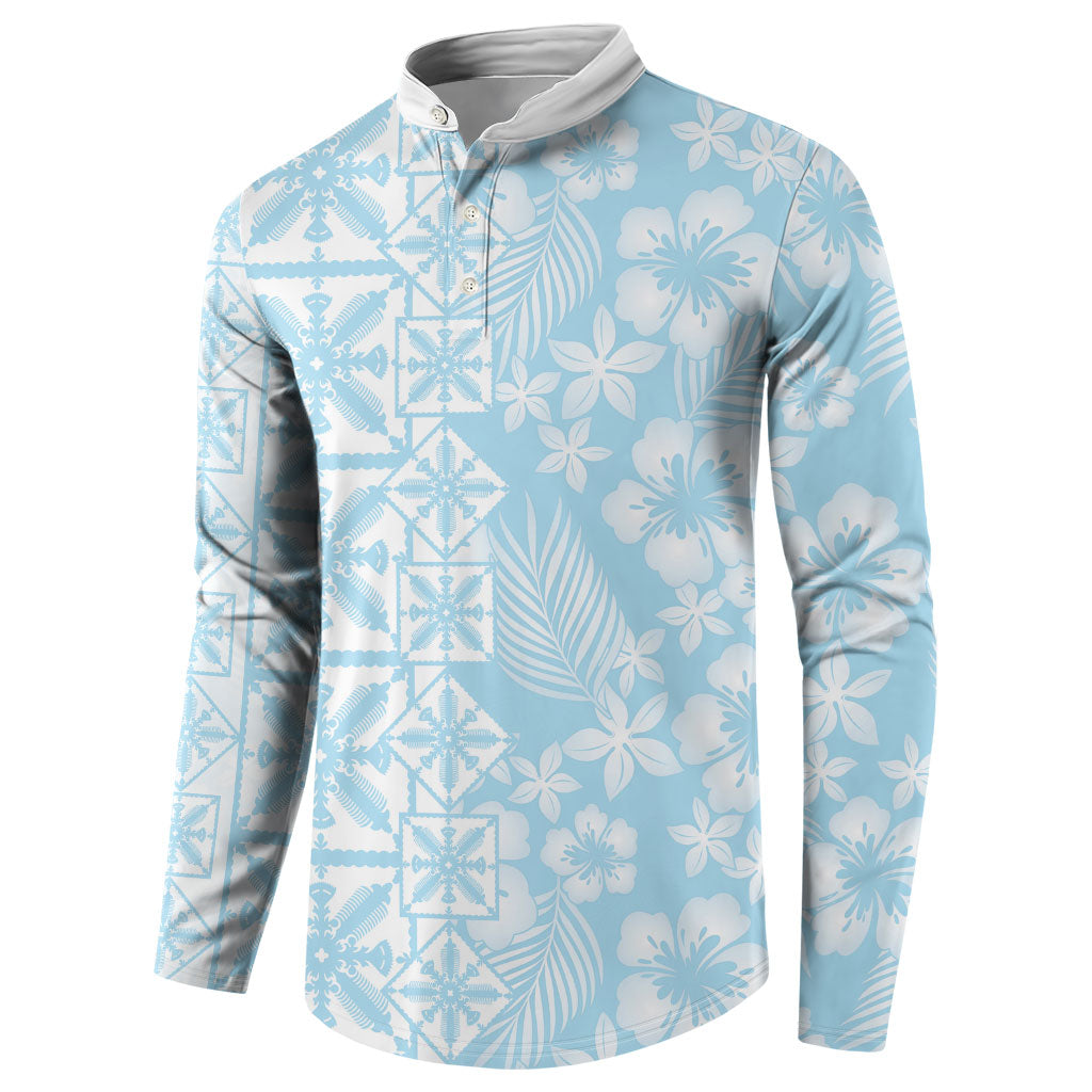 Pastel Blue Kahili Quilt Hawaii Button Sweatshirt Tropical Flower Seamless Half Style LT14 - Polynesian Pride