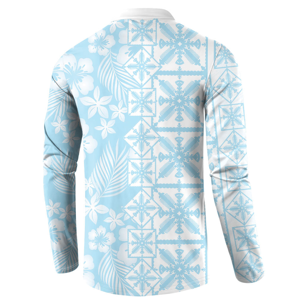 Pastel Blue Kahili Quilt Hawaii Button Sweatshirt Tropical Flower Seamless Half Style LT14 - Polynesian Pride
