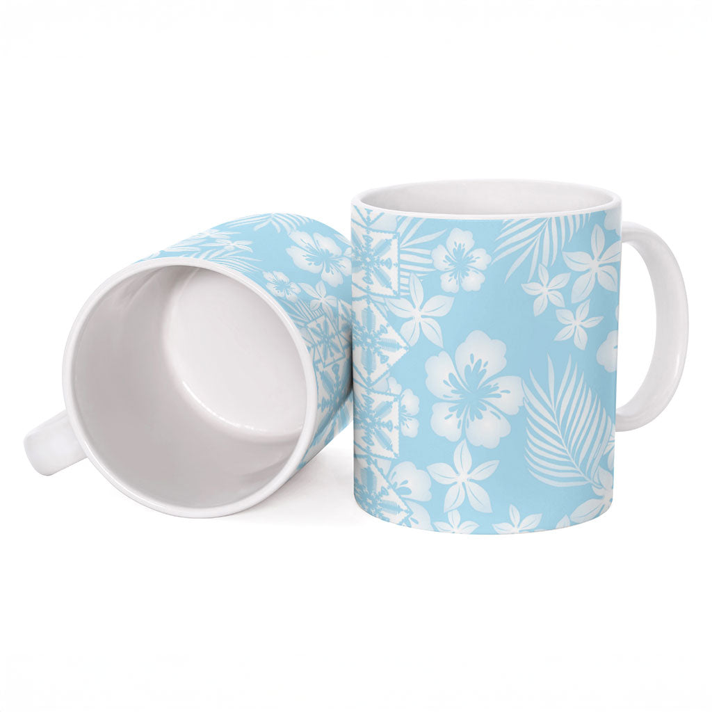 Pastel Blue Kahili Quilt Hawaii Ceramic Mug Tropical Flower Seamless Half Style LT14 - Polynesian Pride