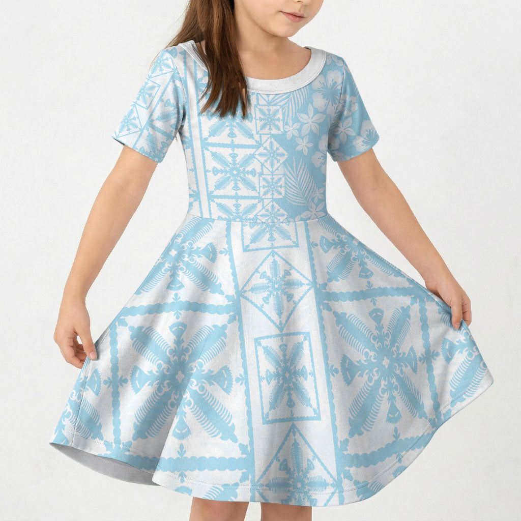 Pastel Blue Kahili Quilt Hawaii Kid Short Sleeve Dress Tropical Flower Seamless Half Style LT14 KID Blue - Polynesian Pride