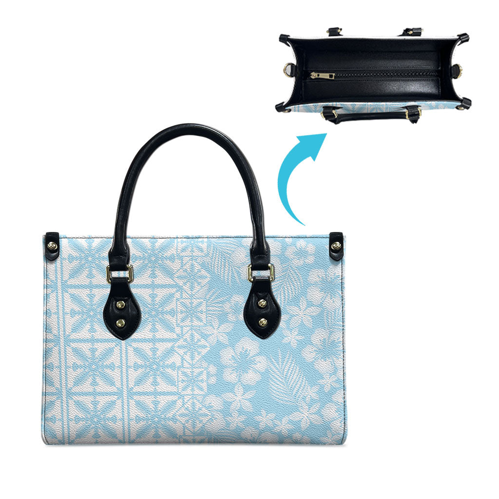 Pastel Blue Kahili Quilt Hawaii Leather Bag Tropical Flower Seamless Half Style LT14 - Polynesian Pride
