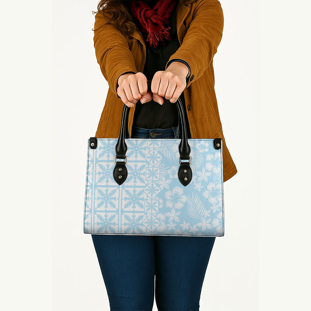 Pastel Blue Kahili Quilt Hawaii Leather Bag Tropical Flower Seamless Half Style LT14 - Polynesian Pride