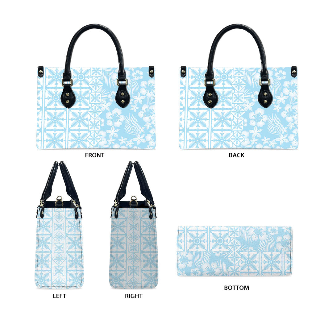 Pastel Blue Kahili Quilt Hawaii Leather Bag Tropical Flower Seamless Half Style LT14 - Polynesian Pride